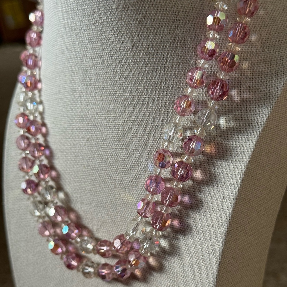 Pink Aurora Borealis and Clear Crystal Beaded Necklace